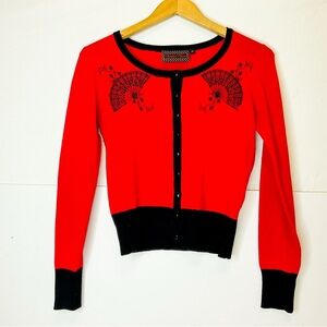 VINTAGE PINUP Red Oriental Fan Cardigan – Retro Rockabilly Button-Up Sweater